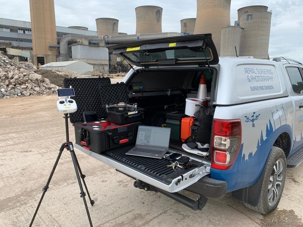 Back of Sky Revolutions truck with surveying and drone equipment