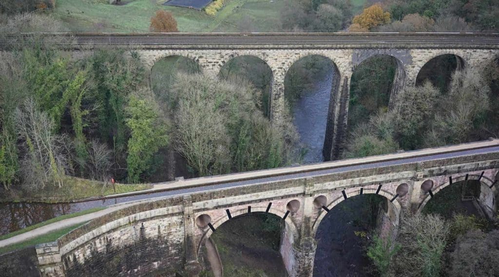 Aerial inspection of the brickwork of the Marple Aqueduct in Stockport