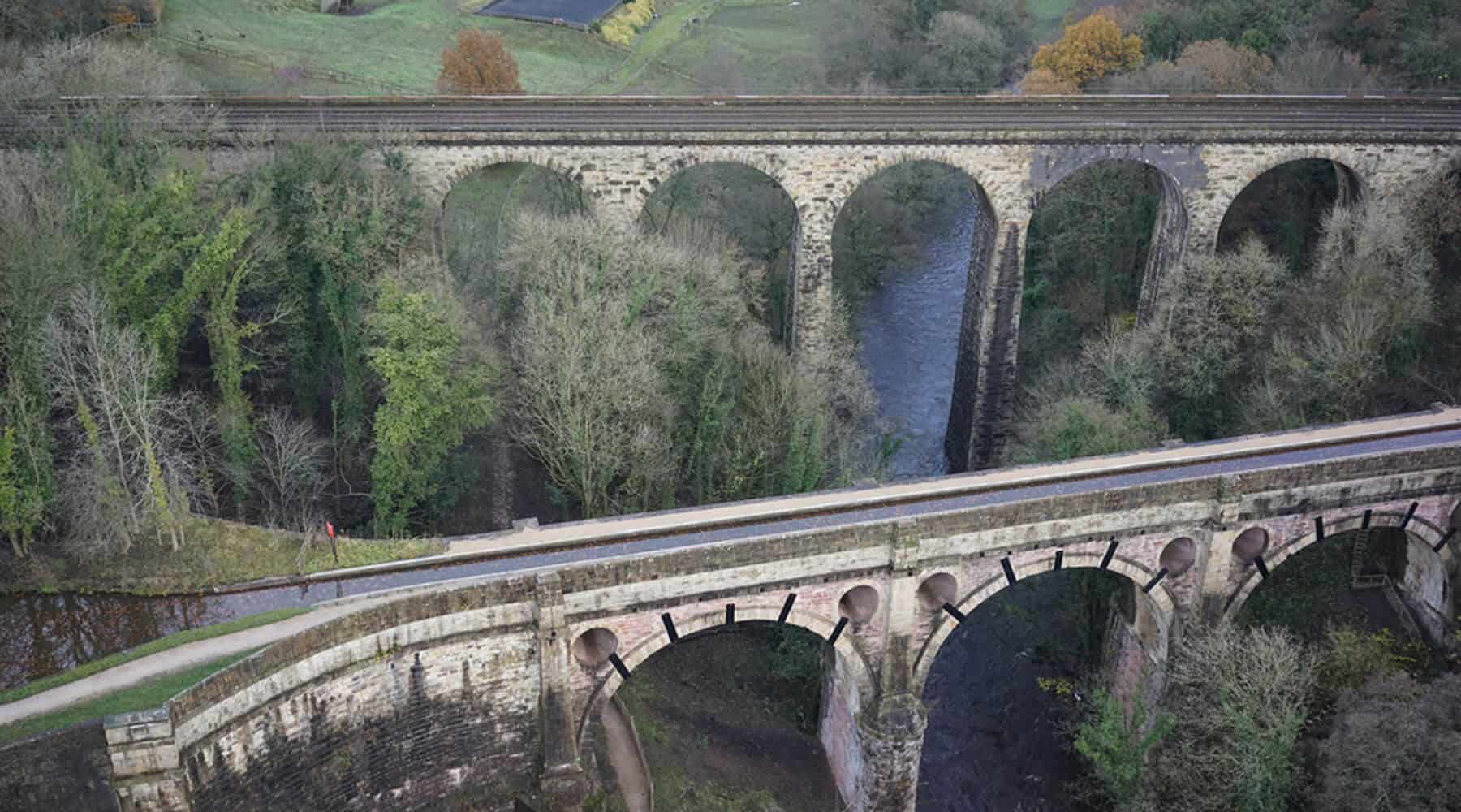 Aerial inspection of the brickwork of the Marple Aqueduct in Stockport