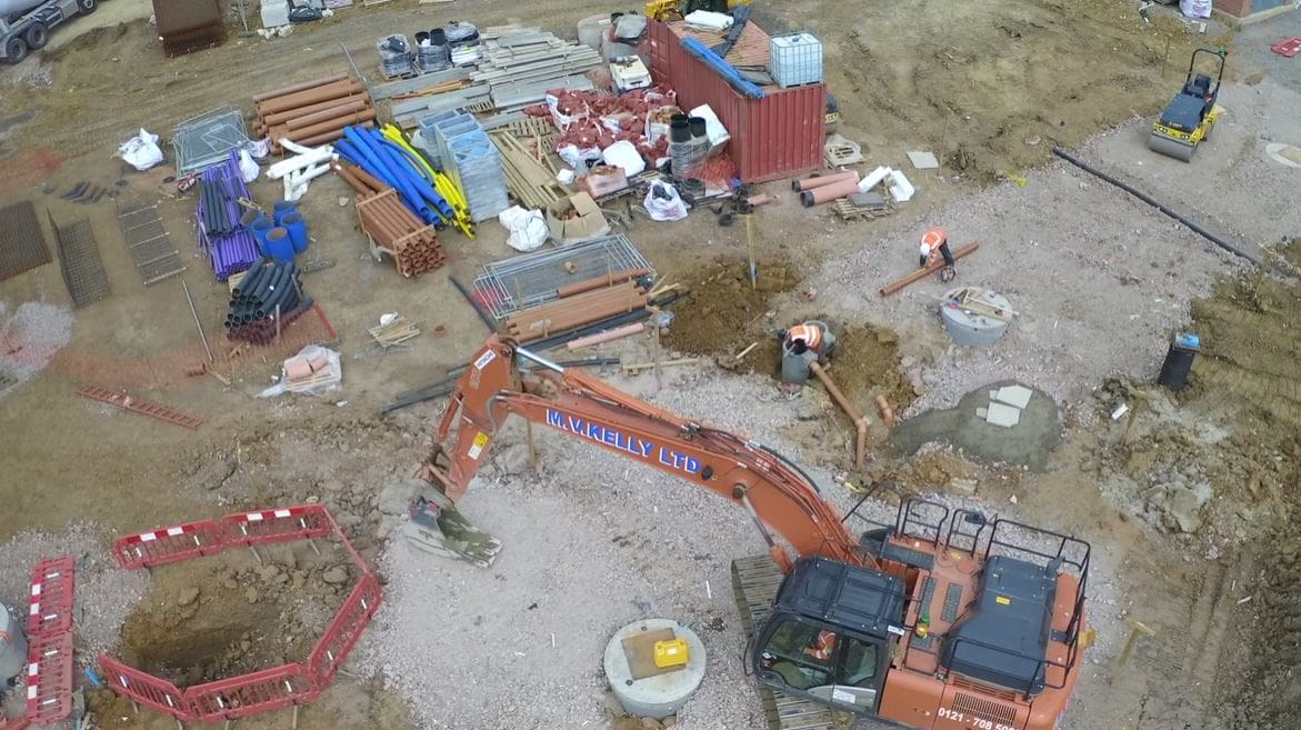 Full scale shot from construction site aerial film of the Kingsbury Park development